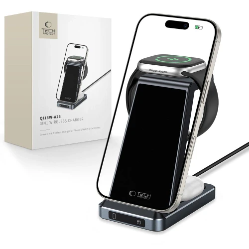 Ładowarka Tech-Protect QI15W-A26 indukcyjna 15W 3w1 na smartfon / słuchawki / Apple Watch - czarna