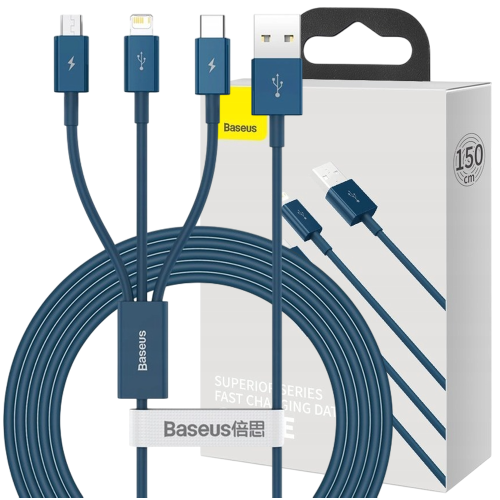 Baseus Superior 3w1 kabel USB - Lightning / USB Typ C / micro USB 3,5 A 1,5 m - Niebieski