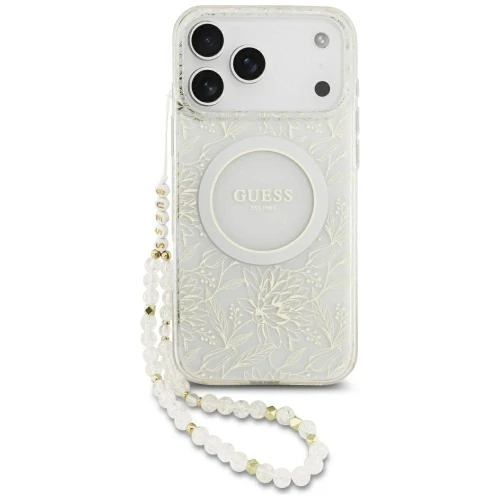 Etui Guess IML Flowers Electro Pearl Strap MagSafe na iPhone 17 Pro Max - białe
