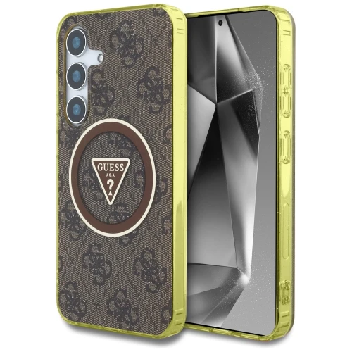 Etui Guess 4G Glitter Triangle Buttons MagSafe do Samsung Galaxy S25 brązowy
