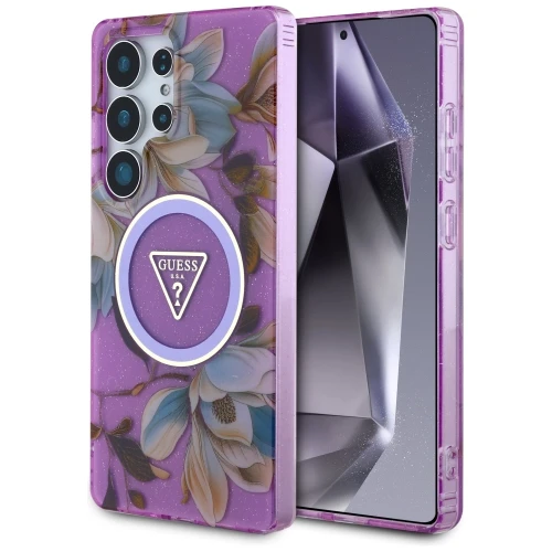 Etui Guess Glitter Flowers Triangle Buttons MagSafe do Samsung Galaxy S25 Ultra fioletowy