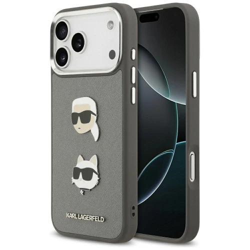 Etui Karl Lagerfeld FW Grained Karl & Choupette Heads Pins & Logo na iPhone 17 Pro Max - szare