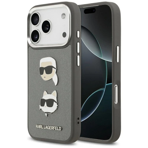 Etui Karl Lagerfeld FW Grained Karl & Choupette Heads Pins & Logo na iPhone 17 Pro - szare