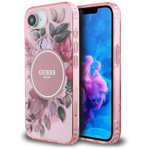 Etui Guess IML Flowers MagSafe na iPhone 16e - różowe