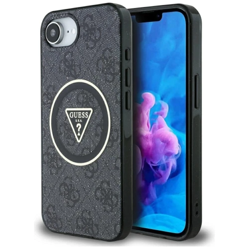 Etui Guess IML Metal Glitter 4G Circle Triangle MagSafe na iPhone 16e - czarne