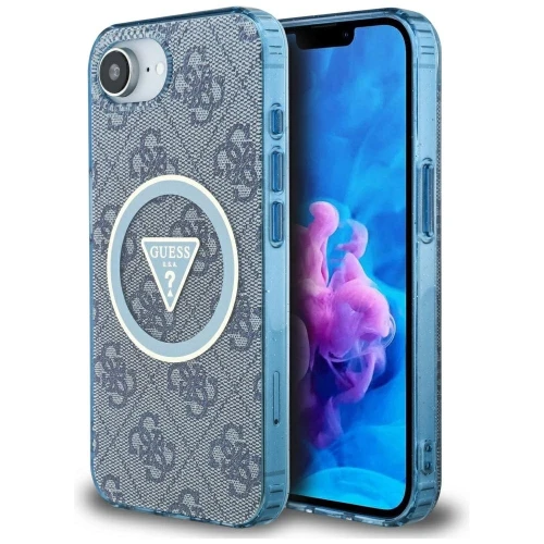 Etui Guess IML Metal Glitter 4G Circle Triangle MagSafe na iPhone 16e - niebieskie