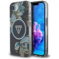 Etui Guess IML Metal Glitter Flowers Triangle MagSafe na iPhone 16e - czarne