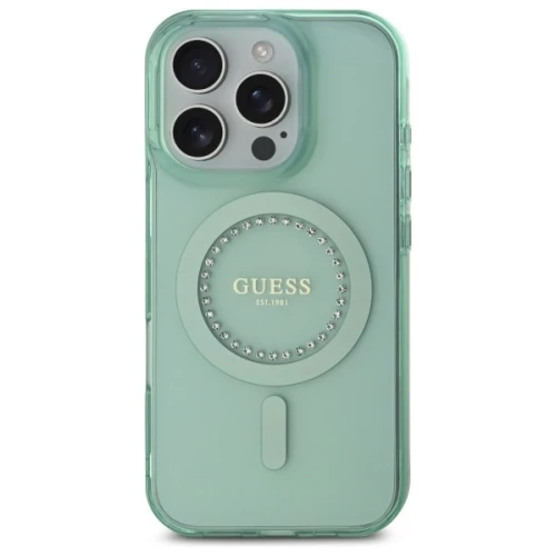 Etui Guess IML Rhinestones MagSafe na iPhone 16 Pro Max - zielone