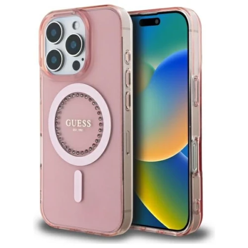 Etui Guess IML Rhinestones MagSafe na iPhone 16 Pro Max - różowe
