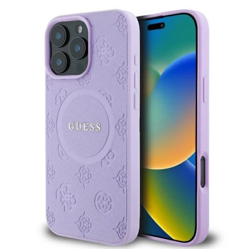 Etui Guess Saffiano Peony Classic Logo MagSafe na iPhone 16 Pro Max - fioletowe