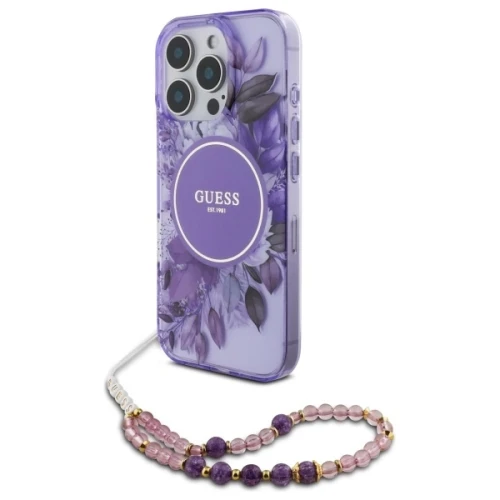 Etui Guess IML Flowers With Pearl Strap MagSafe na iPhone 16 Pro Max - fioletowe