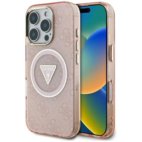 Etui Guess IML Metal Glitter 4G Circle Triangle MagSafe na iPhone 16 Pro Max - różowe