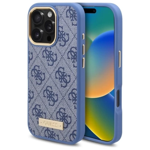Etui Guess 4G Logo Plate MagSafe na iPhone 16 Pro - niebieskie