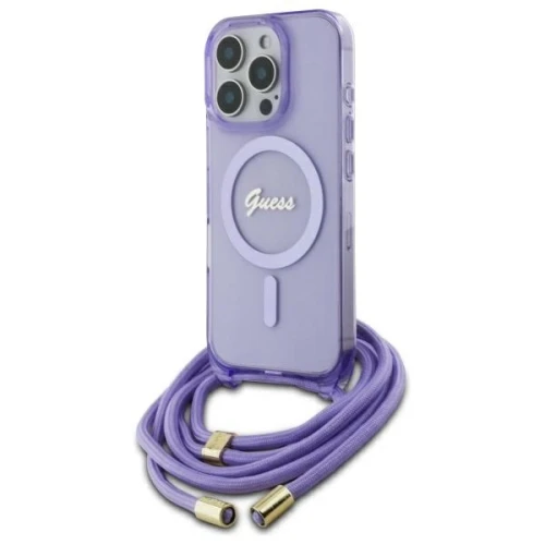 Etui Guess Crossbody Cord Script MagSafe na iPhone 16 Pro - fioletowe