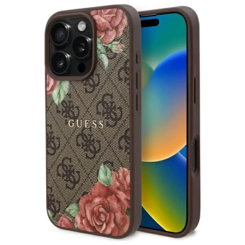 Etui Guess 4G Flowers Print MagSafe na iPhone 16 Pro 6.3" - brązowe