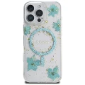 Etui Guess Resin Flowers Glitter MagSafe na iPhone 16 Pro - przezroczysto-zielone