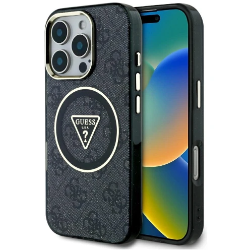 Etui Guess IML Metal Glitter 4G Circle Triangle MagSafe na iPhone 16 Pro - czarne