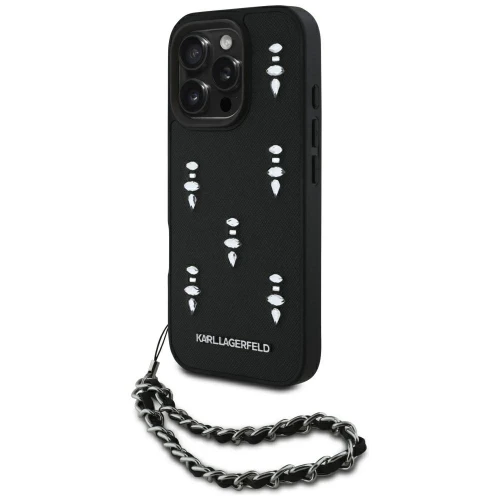 Etui Karl Lagerfeld Saffiano Crystals  w/Chain na iPhone 16 Pro - czarne