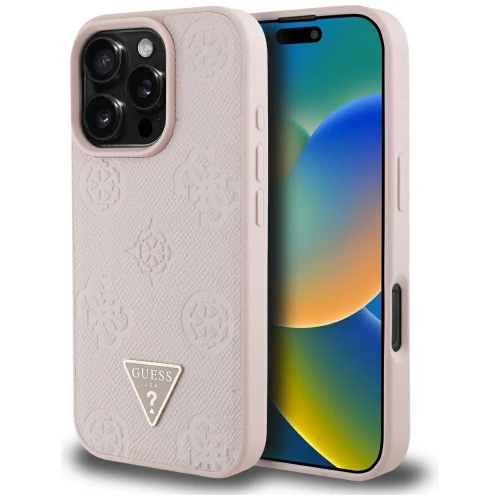 Etui Guess Grained Hot Stamp Peony Triangle Logo MagSafe na iPhone 16 Pro - różowe