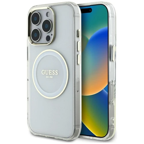 Etui Guess IML Metal Colored Circle Classic Logo MagSafe na iPhone 16 Pro - białe