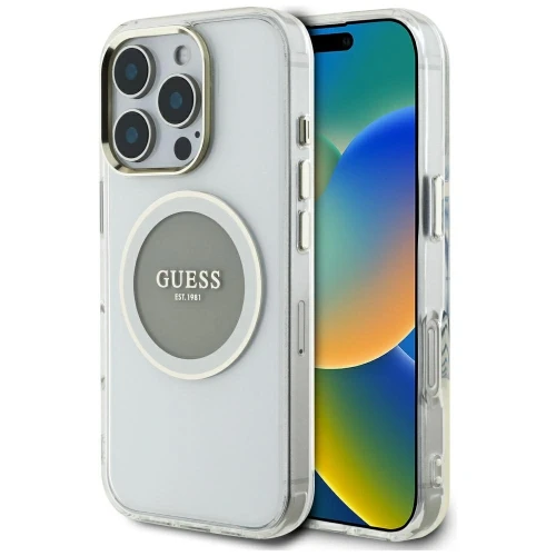 Etui Guess IML Metal Colored Circle Classic Logo MagSafe na iPhone 16 Pro - szare