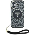 Etui Guess HC IML Leopard Triangle Cord Strap MagSafe do iPhone 16 - czarne