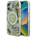 Etui Guess Glitter Flowers Triangle Buttons MagSafe do iPhone 16 zielony