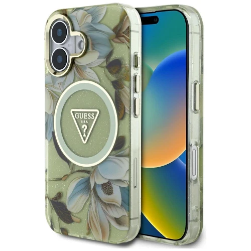 Etui Guess Glitter Flowers Triangle Buttons MagSafe do iPhone 16 zielony