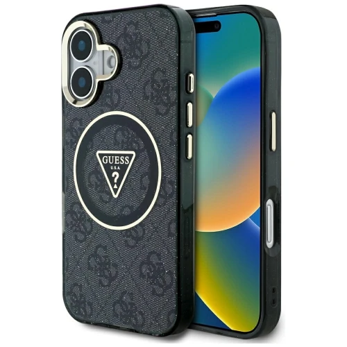 Etui Guess IML Metal Glitter 4G Circle Triangle MagSafe na iPhone 16 - czarne