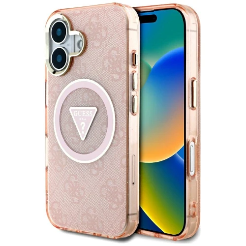 Etui Guess IML Metal Glitter 4G Circle Triangle MagSafe na iPhone 16 - różowe