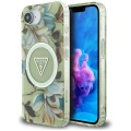 Etui Guess IML Metal Glitter Flowers Triangle MagSafe na iPhone 16e - zielone