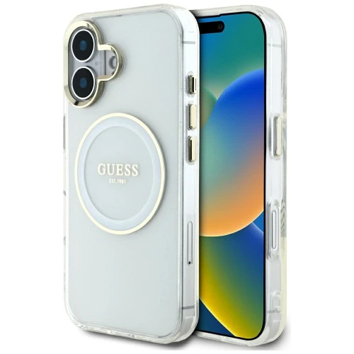 Etui Guess IML Metal Colored Circle Classic Logo MagSafe na iPhone 16 - białe
