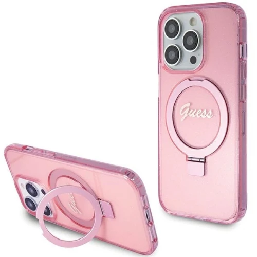 Etui Guess Ring Stand Script Glitter MagSafe na iPhone 15 Pro Max - różowe