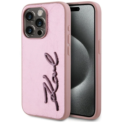 Etui Karl Lagerfeld Wrinkled Metal Signature na iPhone 15 Pro Max - różowe