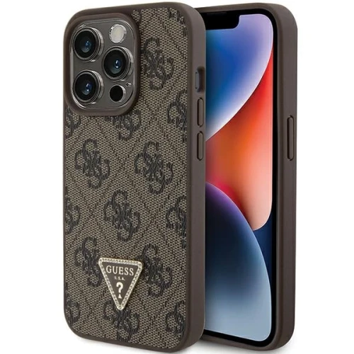Etui Guess Leather 4G Triangle Strass do iPhone 15 Pro - brązowe
