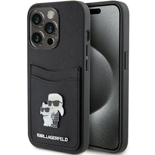 Etui Karl Lagerfeld Saffiano Cardslot Karl&Choupette Metal Pin do iPhone 15 Pro - czarne