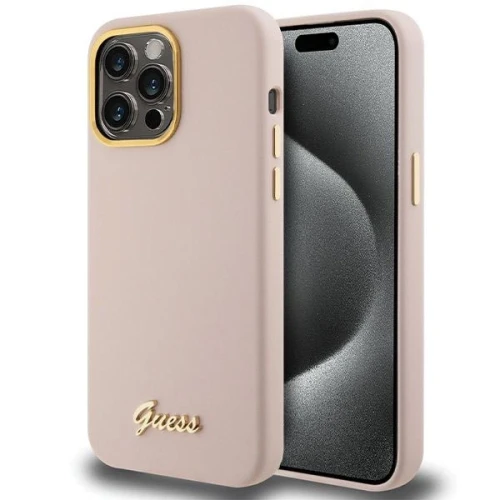 Etui Guess Silicone Script Metal Logo & Frame na iPhone 15 Pro - różowe