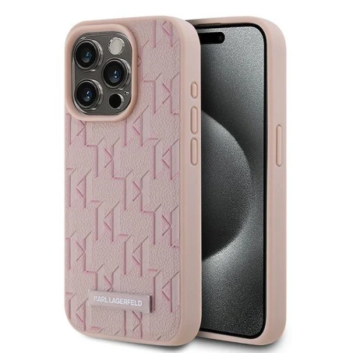 Etui Karl Lagerfeld Leather Monogram Metal Logo na iPhone 15 Pro - różowe