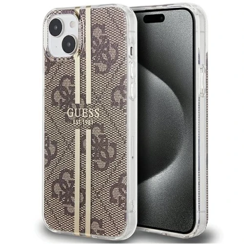 Etui Guess IML 4G Gold Stripe na iPhone 15 Plus / 14 Plus - brązowe