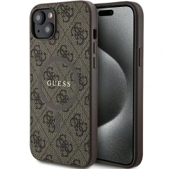 Etui Guess 4G Collection Leather Metal Logo MagSafe na iPhone 15 Plus / 14 Plus - brązowe