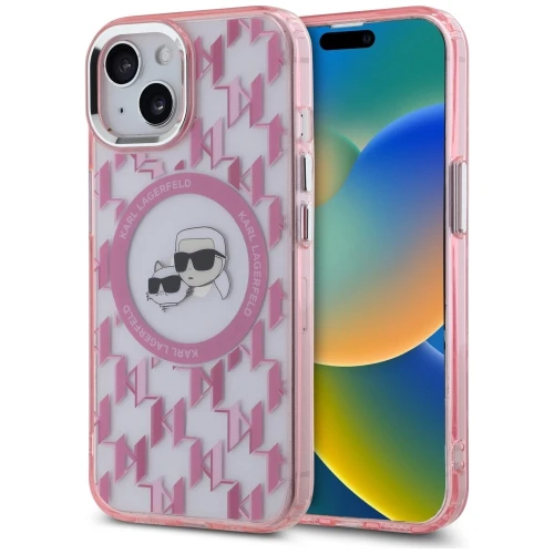 Etui Karl Lagerfeld IML Monogram Karl & Choupette Head MagSafe na iPhone 15 Plus - różowe