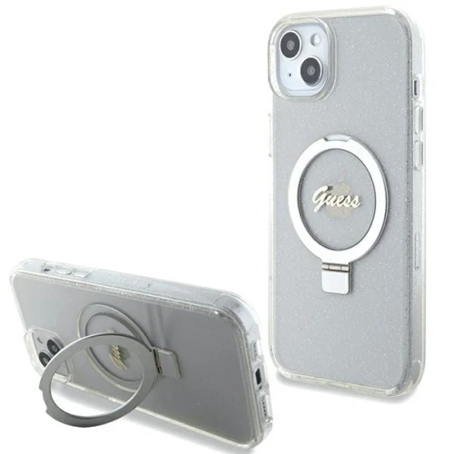 Etui Guess Ring Stand Script Glitter MagSafe na iPhone 15 Plus / 14 Plus 6.7" - przezroczyste
