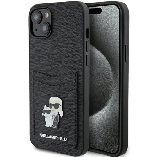 Etui Karl Lagerfeld Saffiano Cardslot Karl&Choupette Metal Pin do iPhone 15 - czarne