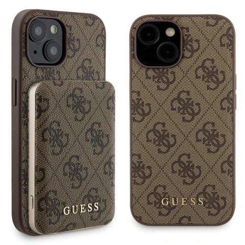 Zestaw etui Guess 4G Metal Logo na iPhone 15 + powerbank 5000mAh MagSafe - brązowy