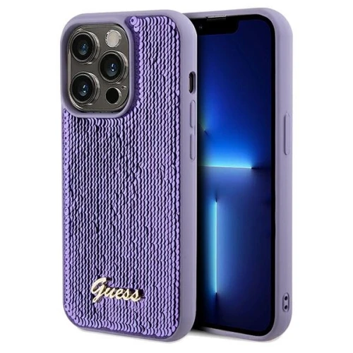 Etui Guess Sequin Script Metal na iPhone 14 Pro Max - fioletowe