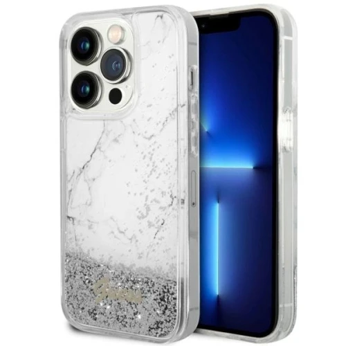 Etui Guess Liquid Glitter Marble na iPhone 14 Pro - białe