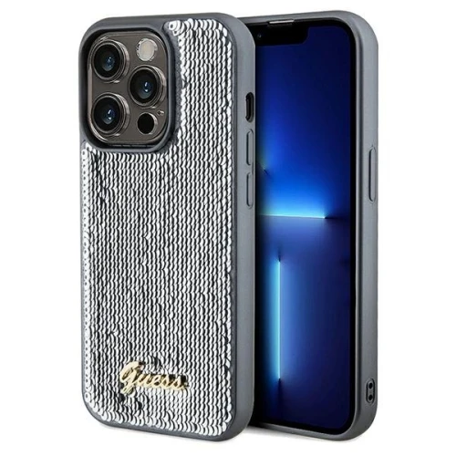 Etui Guess Sequin Script Metal na iPhone 14 Pro - srebrne