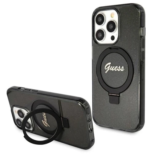 Etui Guess Ring Stand Script Glitter MagSafe na iPhone 14 Pro - czarne