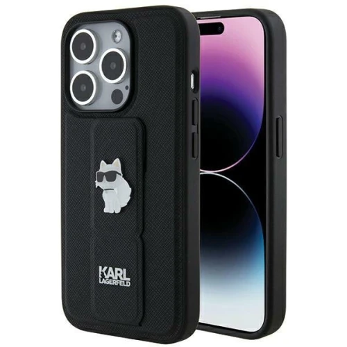 Etui Karl Lagerfeld Gripstand Saffiano Choupette Pins na iPhone 14 Pro - czarne