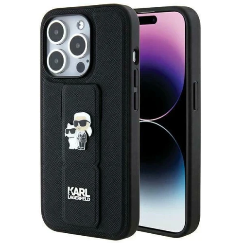 Etui Karl Lagerfeld Gripstand Saffiano Karl&Choupette Pins na iPhone 14 Pro - czarne